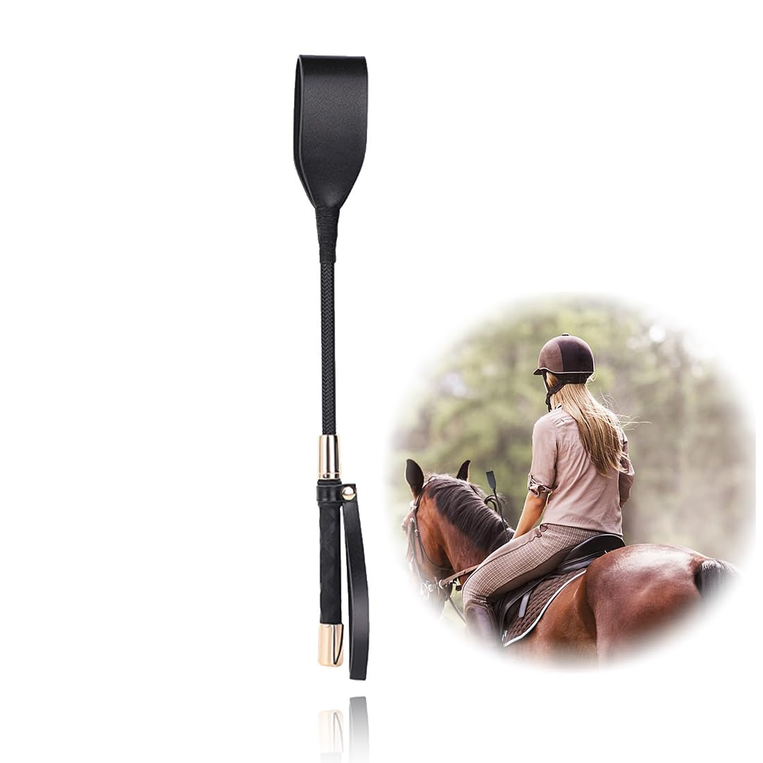 Frustino Da Equitazione In Pelle PU – Manico Nero Antiscivolo E Nappa Bianca, 55,5 Cm, Leggero E Resistente Per Cavalieri Principianti Ed Esperti