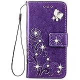 BASIO4 KYV47 ケース シン フィット KYOCER 京セラ ベイシオ4 おしゃれ 純色 四つ葉のクローバーの印 PUレザー 上絵 手帳型 カード入れ au basio 4 財布カバー スタンド機能 耐衝撃 防塵 耐久性 装着やすい 吸着の機能 キラキラ 胡蝶 ラインストーン デコ メチャ可愛い ベイシオ フォー スマホカバー (BASIO4, パープル)