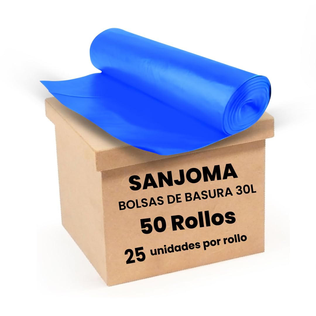 SANJOMA Bolsas Basura 30L | Ideal Para Cocina y Jardín, Alta Durabilidad y Resistencia | Bolsas Basura Grandes, Color Azul, Rollo de 25 Unid. | Caja De 50 Rollos De Bolsas De Basura 52 x 60 cm