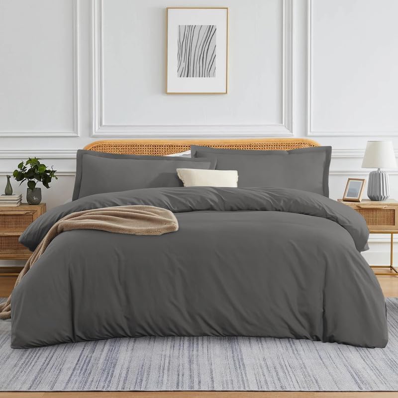 1-Piece Queen - XL Size Duvet Cover Only, 88" x 90", 100% Egyptian Cotton, 600 Thread Count, Dark-Gray Solid, Zipper Closure, Lightweight Cooling Duvet Cover, Soft Breathable Bedding