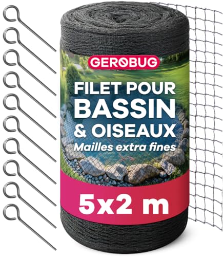 GEROBUG Filet de bassin à mailles fines 5 x 2 m – Résistant aux intempéries et aux UV – Filet de protection contre les hérons – Filet de protection contre les...