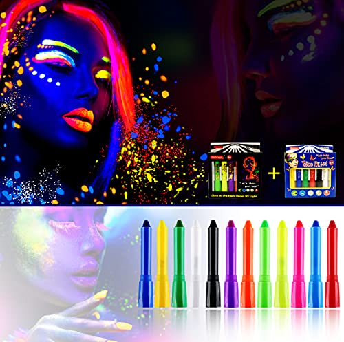 PPER-Jie UV Blacklight Glow Face Body Paint Crayons for Kid Adult Neon Skin Markers for Halloween Masquerades Festivals Parties Makeup (6 pcs Glow and 6 pcs Normal)