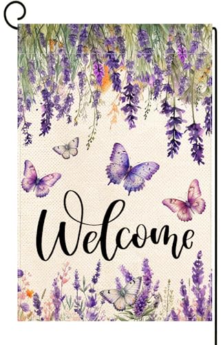 Baccessor Spring Summer Flower Garden Flag Lavender Butterfly Floral Welcome Small Yard Burlap Double Sided Vertical Seasonal Farmhouse Wedding Yard Outdoor Decoration 12.5x18 Inch