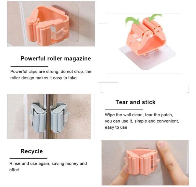 Image of Wall Mount Broom Holder, Self Adhesive Hooks, Waterproof Plastic Storage for Bathroom & Kitchen, Multicolour