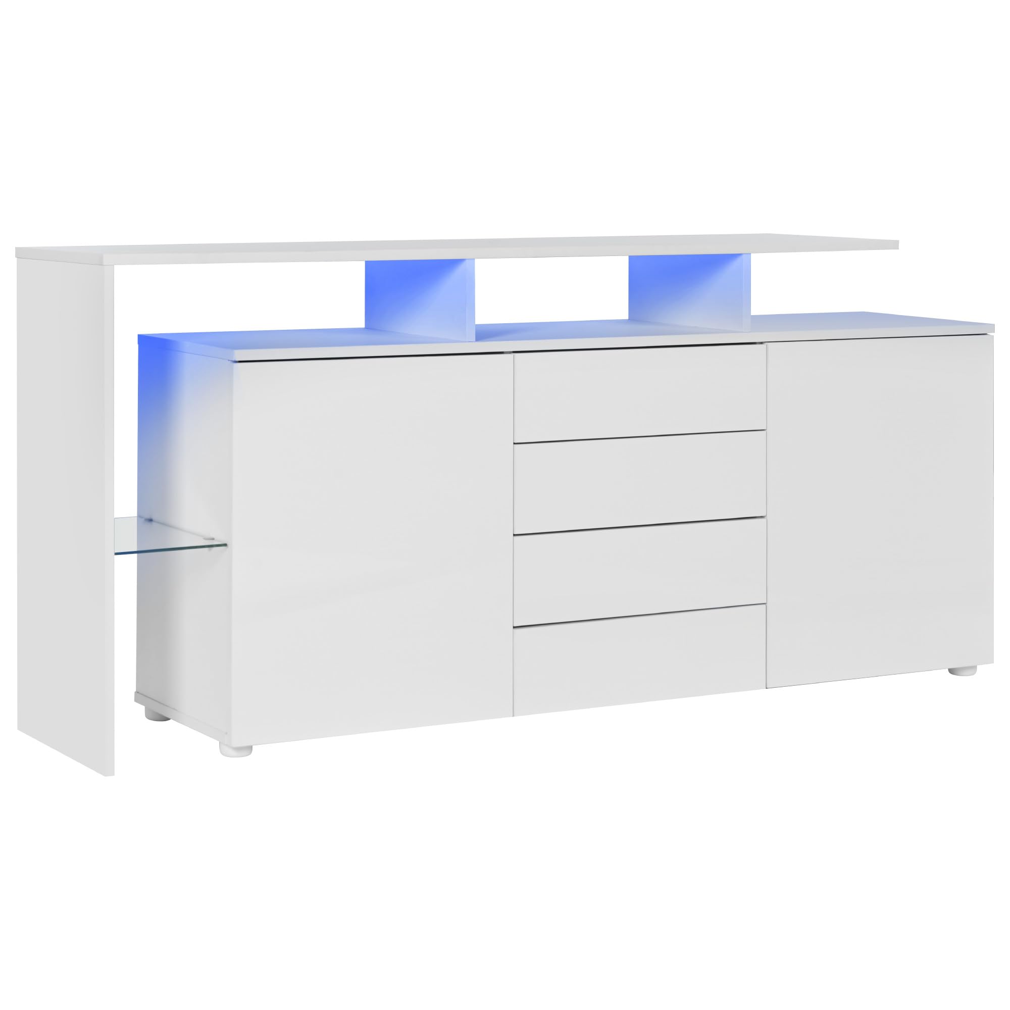 Azkoeesy Credenza, Cassettiera Bianca Lucida con LED 160x35x70 cm, 4 Cassetti, 2 Ante, Mensole in Vetro, Mobile TV Moderno Elegante, Mobile Multifunzione per Soggiorno e Sala da Pranzo
