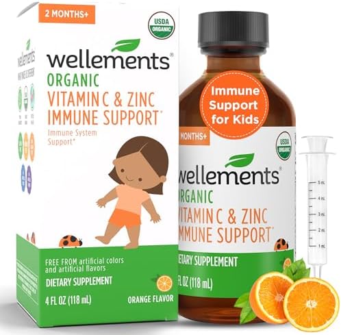 Wellements Organic Kids Immune Support* Syrup with Vitamin C & Zinc 2 Months+ (4 Fl Oz) | Immune Support* for Kids & Toddlers, Orange Flavor | Free from Dyes, Parabens & Top 9 Most Common Allergens