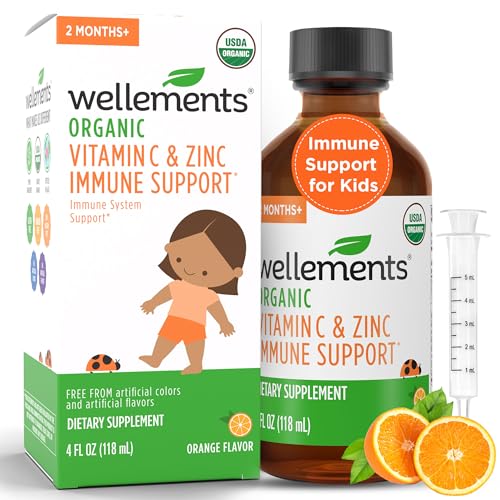 Wellements Organic Kids Immune Support* Syrup with Vitamin C & Zinc 2 Months+ (4 Fl Oz) | Immune Support* for Kids & Toddlers Orange Flavor | Free from Dyes Parabens & Top 9 Most Common Allergens