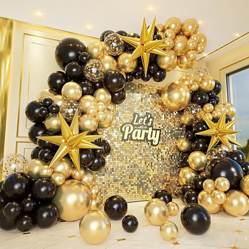161Pcs Black Gold Balloon Garland Arch Kit with Explosion Star Foil Balloons,5/10/12/18inch Black Gold Confetti Latex Balloons for Graduation Anniversary Birthday New Years Eve Party Decorations