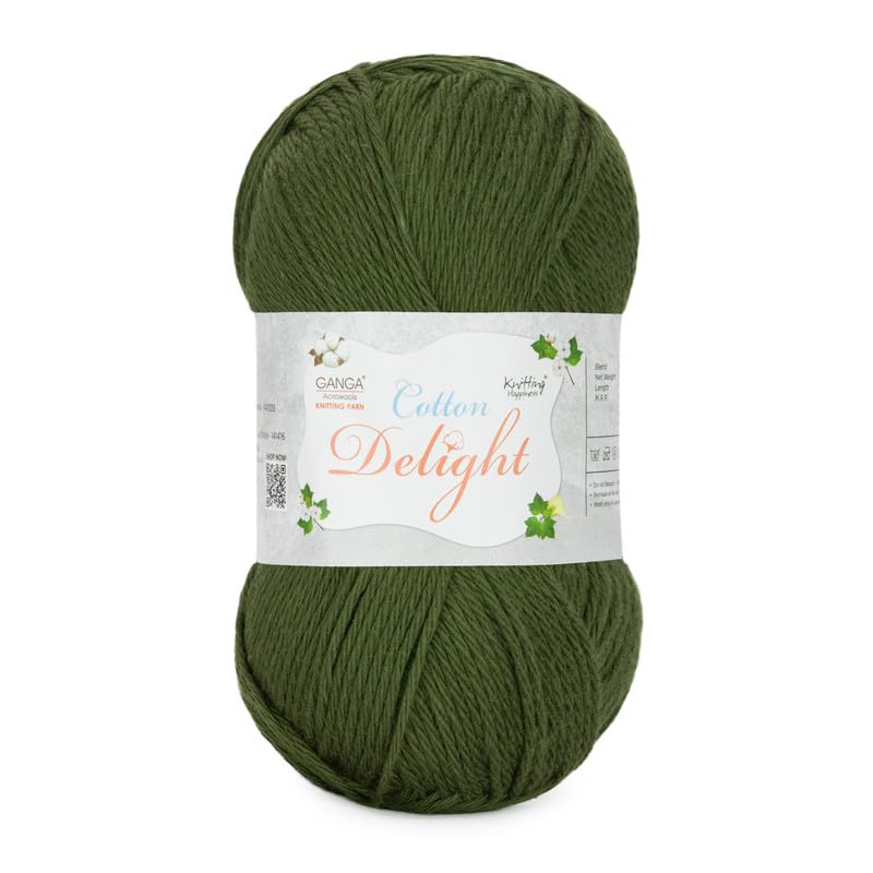 Image of Ganga Acrowools Cotton Delight, Dk Weight Cotton Yarn, Oekotex Class L Certified 100G, 169M, Pack of 1 Ball - 100gm Each, Shade No. - COD092 Moss Green