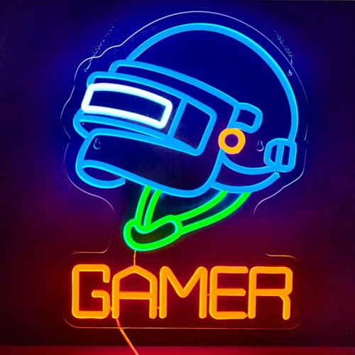 Image of Gamer Neon Sign Chicken Dinner Neon Sign for Wall Decor Level-3 Helmet USB Dimmable LED Neon Lights for Boys Girls Room Gameroom Holiday Birthday Christmas Gift