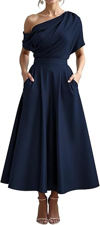 Tea Length Mother of the Bride Dresses with Pockets Satin One Shoulder Plus Size Formal Evening Gown