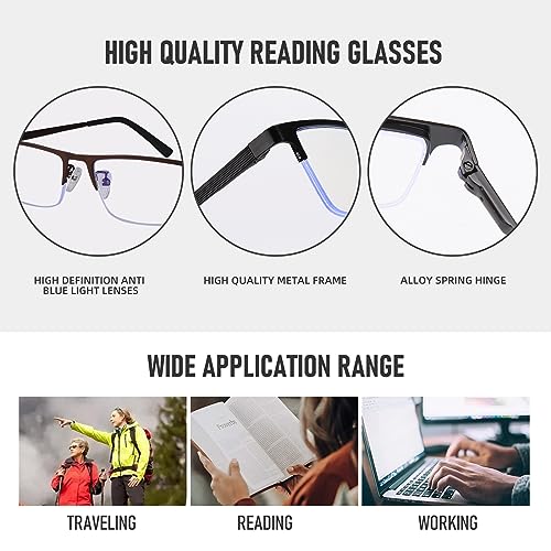 Anourney 3-Pack Reading Glasses For Men, Lightweight Metal Half Frame Blue Light Blocking Computer Readers thumb #4
