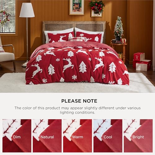 Image of Bedsure Fluffy Christmas Comforter Set King - Red Bedding with Running Reindeer, Warm Flannel Fleece Bed Sets for Winter, 3 Pieces, 1 Soft Plush Shaggy Comforter with 2 Pillowcases | Bed in a Bag, Comforters, Bedroom, Flannel Fleece Bedding with Running Reindeer Pattern, Soft Plush Shaggy Set, Easy Care