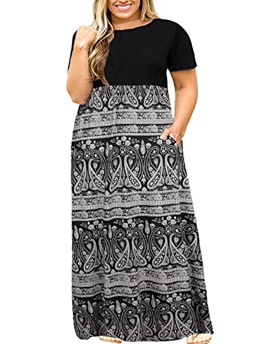 Image of Kancystore Women's Plus Size Maxi Dress with Pockets Summer Dresses XL-5X | Plus Size High Waisted Long Length Beach Dress, Empire Waist Round Neck Casual Dress, Solid Striped Floral Tie Dye Colors