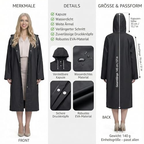 welsberg 2 Stück Regenponcho Damen und Herren Wasserdicht Atmungsaktiv Regenjacke Regenschutz Reganmantel für Festival Konzert Camping Wandern Angeln Sport, Schwarz