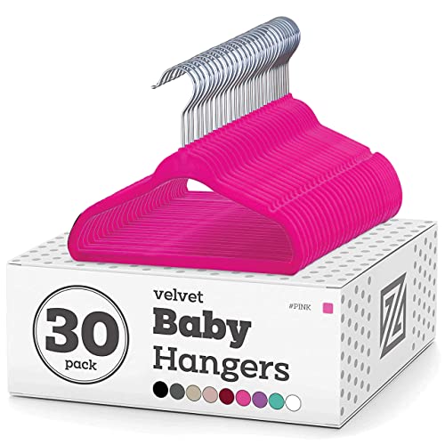 Image of Zober Velvet Baby Hangers for Closet - Pack of 30 Non Slip Toddler Hangers for Shirts, Pants & Dresses w/ Swivel Hook - Durable Infant Hangers w/ Notches - Small Kids Hangers - Pink