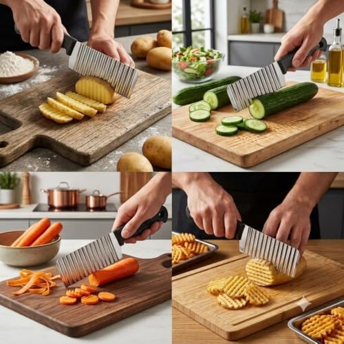 Image of Potato Chipper Crinkle Cutter Knife,Stainless Steel Potato Cutter Wavy Blade Chip Slicer,Kitchen Gadget Cutting Knife (Pack of 1)