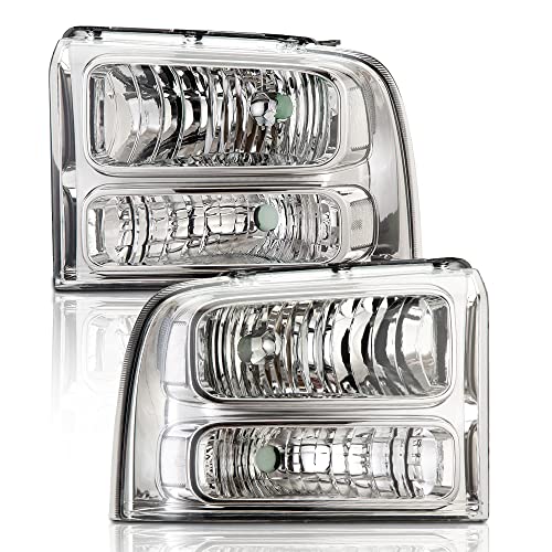 G-PLUS Headlights Assembly, Compatible with 2005 2006 2007 Ford F250 F350 Super Duty bumper Headlamp, Clear lens Chrome Housing Clear Reflector
