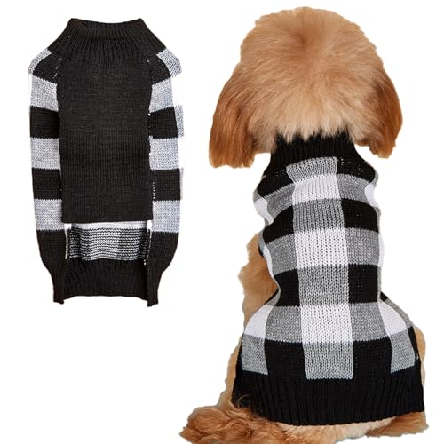 Jecikelon Knit Plaid Dog Sweater Warm Puppy Clothes for Small Dogs Knitwear Pet Cat Winter Outfit Cold Weather Pullover Doggy Clothing (Medium, Black)