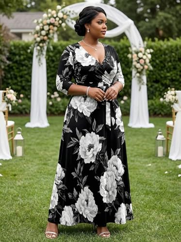 Image of SUZONANA Plus Size Dresses for Women Floral Print Maxi Dress Flowy 3 /4 Sleeve with Belt