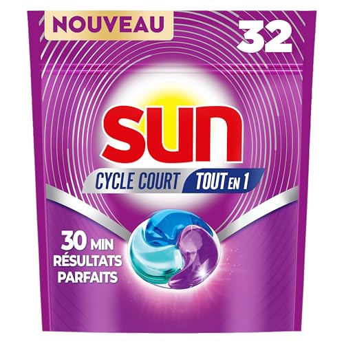 Sun - Capsules Cycle Court Dès 30 Minutes - Tout en 1 - Tablettes Lave-Vaisselle - Nettoyage Parfait en 30 minutes Sans Résidu - Parfum Frais Discret -...