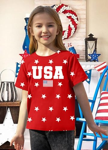 Image of CAZYCHILD Girls American Flag Patriotic Shirt Boys 4th of July Short Sleeves Tshirt USA Clothes for Kids 5-14Y