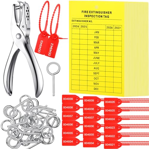 Monthly Fire Extinguisher Inspection Tags Set Including 2024-2027 Maintenance Tags Plastic Tamper Seals Fire Extinguisher Pull Pins Numbered Security Tags with Handheld Hole Puncher(151 Pieces)