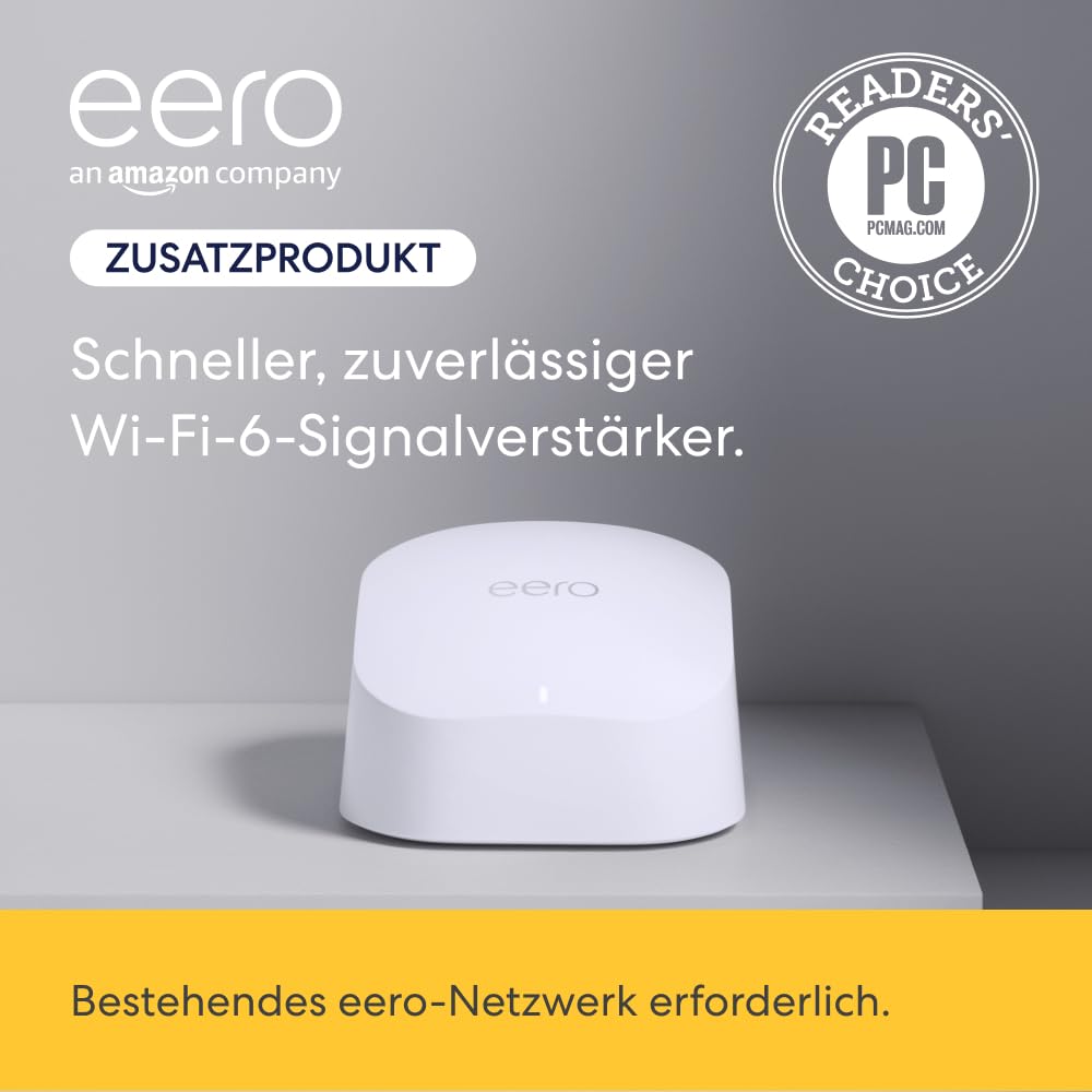 Amazon eero 6 Mesh-WLAN-Signalverstärker | Erweitert bestehendes eero-Netzwerk | Fügt bis zu 140 m² Wi-Fi-6-Abdeckung zu deinem bestehenden eero-Mesh-WLAN-Netzwerk hinzu | Einzelpack