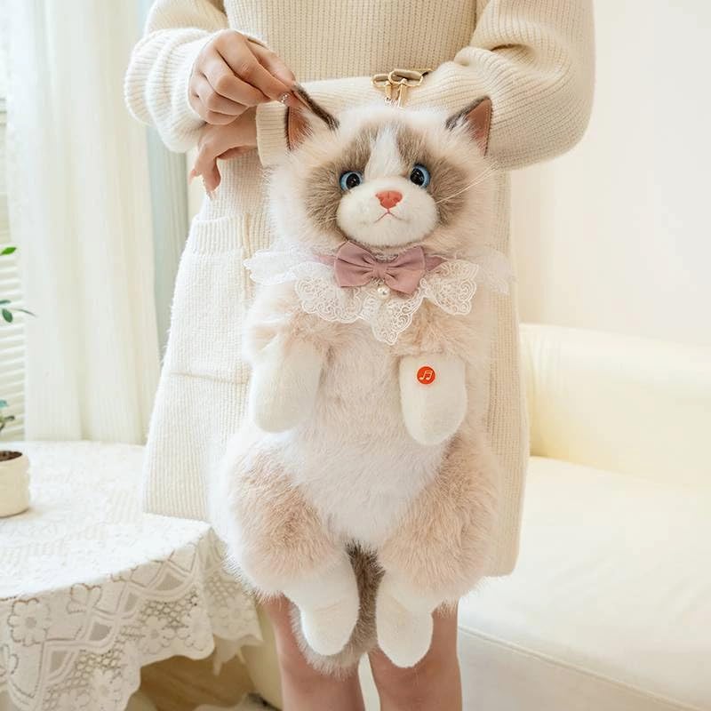 Image of This unique and adorable backpack is great for cat lovers and fashion | Experience the charm of our Realistic Stuffed Cat Shaped Backpack, designed to resemble a lifelike cat |