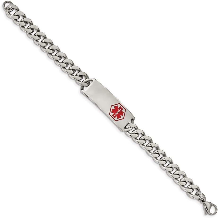 Engravable Personalized Custom Stainless Steel Polished with Red Enamel Medical ID Curb Chain Bracelet For Men Length 8 inches Width 4.3 mm