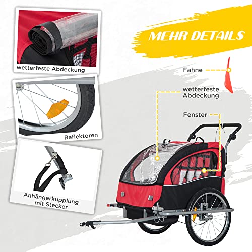 HOMCOM Kinderanhänger Radanhänger mit Fahne einklappbarer Fahrradanhänger für 2 Kinder mit Regenschutz atmungsaktiv Oxfordgewebe Rot 155 x 88 x 108 cm – Bild 7