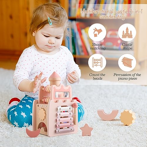Promise Babe Montessori Spielzeug Baby Holzspielzeug,5 in 1 Rosa Schloss Lernspielzeug Motorikwürfel Sensorik Motorikspielzeug Activity Würfel Motorikschleife Geschenk Baby Mädchen Aktivitätswürfel 3+