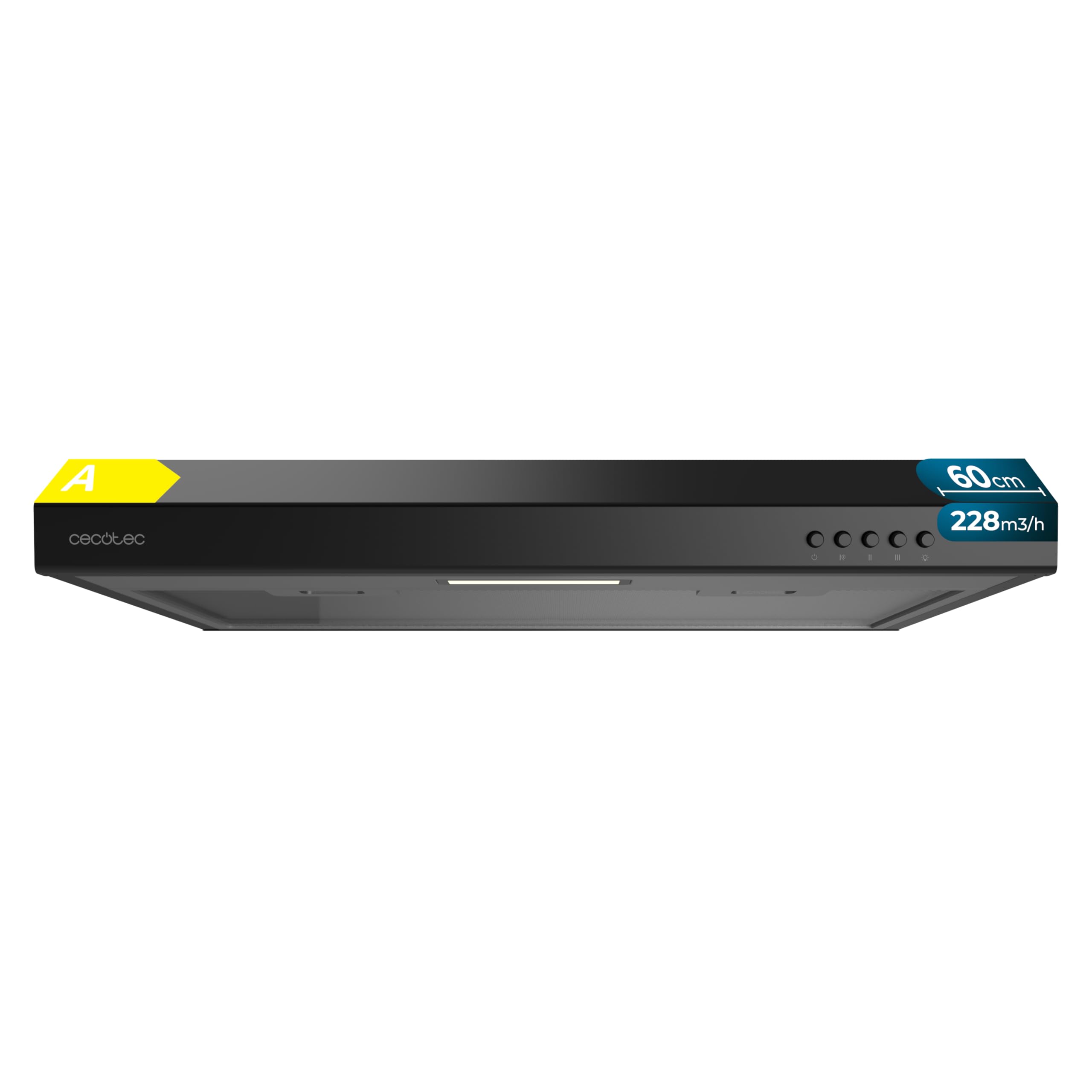 Cecotec Hotte Aspirante Conventionnelle 60 cm Bolero Flux CM 602100 Black A. Finition Peinte Noire, Aspiration 228 m³/h, 3 Vitesses, Filtre en Aluminium, Classe A, Moteur BLDC et Lumière LED