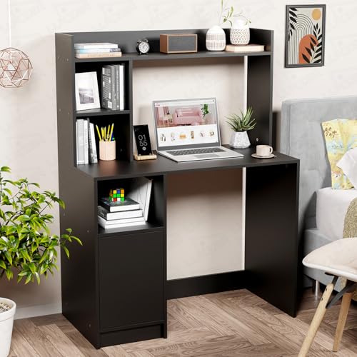 Image of Lukzer ST-009 Black Multi-Purpose Computer Desk with Bookshelf | Engineered Wood | Study Table for Students & Adults | Laptop Table for Home Office Gaming & Workstation | (100x50x134 cm)