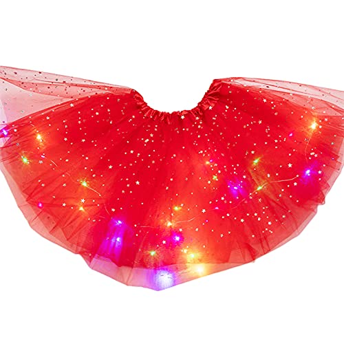 Ouwuo Menina Princesa Magia Lantejoulas Luz LED Dançando Saia Luminou Tule Ballet, Vermelho, 3T