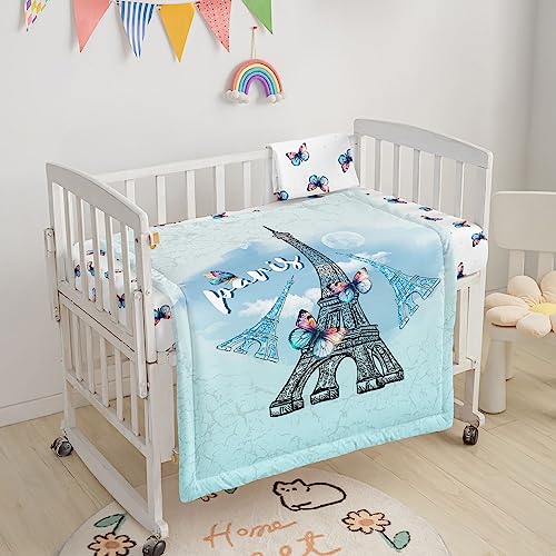 Image of Eiffel Tower Crib Bedding Set, 3 Pcs with Comforter, Sheet & Skirt - Butterfly Printed Nursery Bedding for Boys & Girls