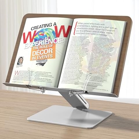 CarrieCathy Book Stand for Reading, Adjustable Holder with Page Clips, Foldable Desktop Book Display, Cookbook Stand, for Kitchen, Home Office, Laptop, Tablet, Kindle Cover