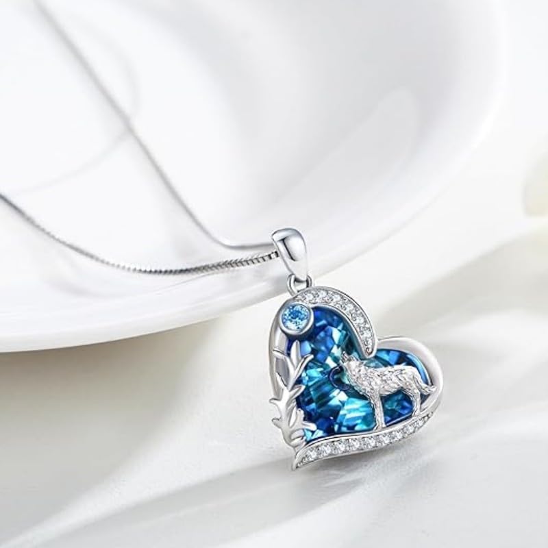 Howling Wolf Necklace - Silver Pendant With Blue Ocean Heart Stone Charm - Birthday Gift for Her, Women's Jewelry for Wolf Lovers2