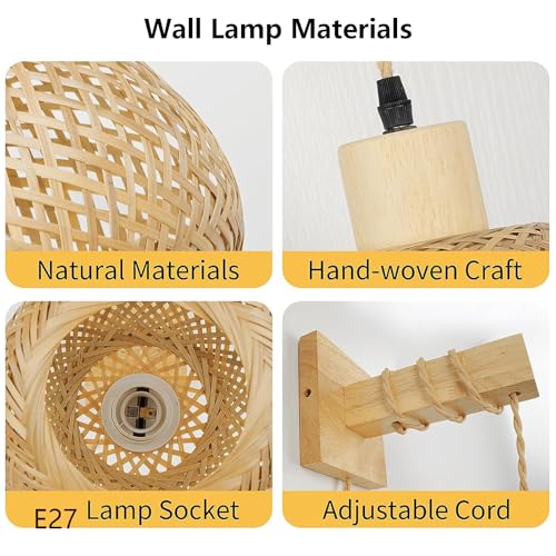 Lámpara de pared linterna de bambú apliques de pared LED interior con interruptor 2