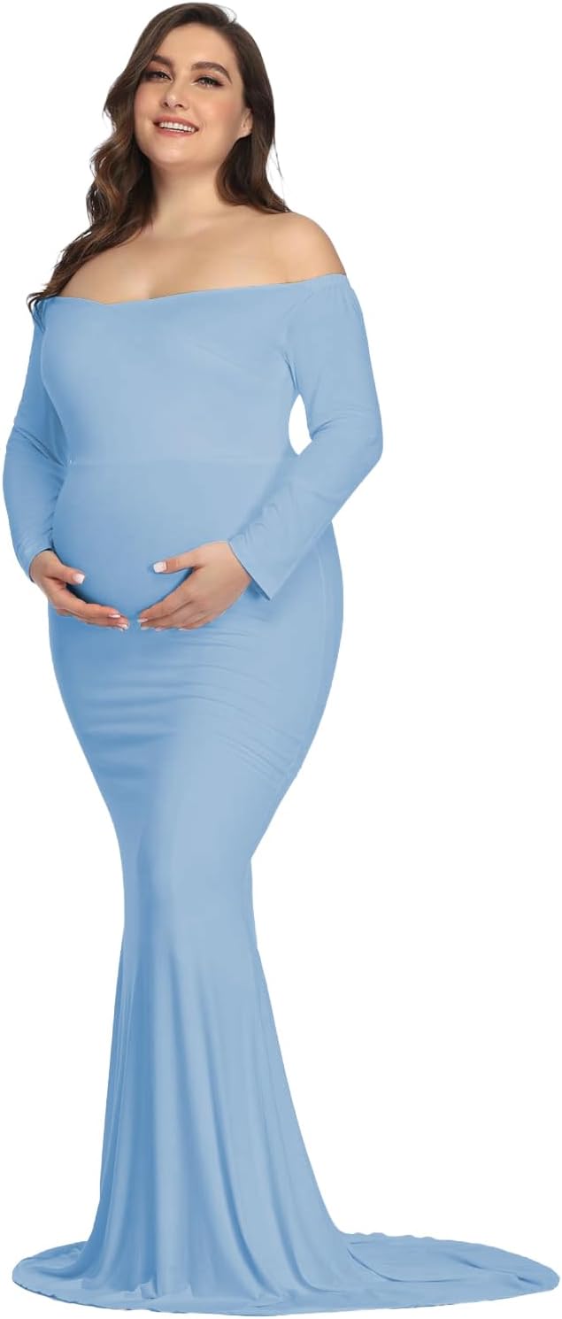 YnimioAOX Maternity Photoshoot Dress Long Sleeve Elegant Maxi Photography Dress Slim Stretchy Gowns