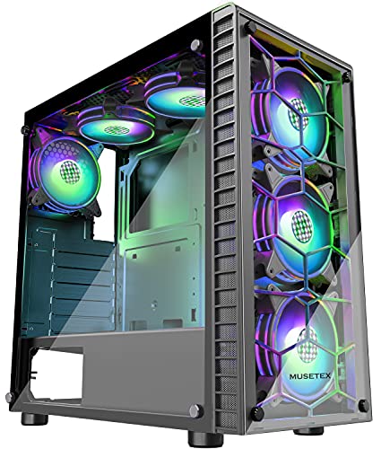 MUSETEX ATX PC Case 6 RGB LED Fans Tempered Glass Panel USB 3.0 Port,ATX Mid-Tower PC Gaming Case Cable Management/Airflow,Gaming PC Case (G05D6-HB)