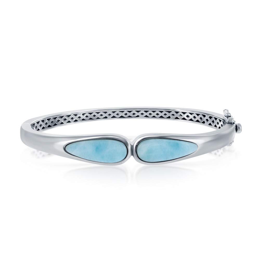 BEAUX BIJOUX925 Sterling Silver Rhodium Plated High Polished Double Pear-Shaped Natural Caribbean Larimar Gemstone Solid Finish Design Back Bangle Bracelet