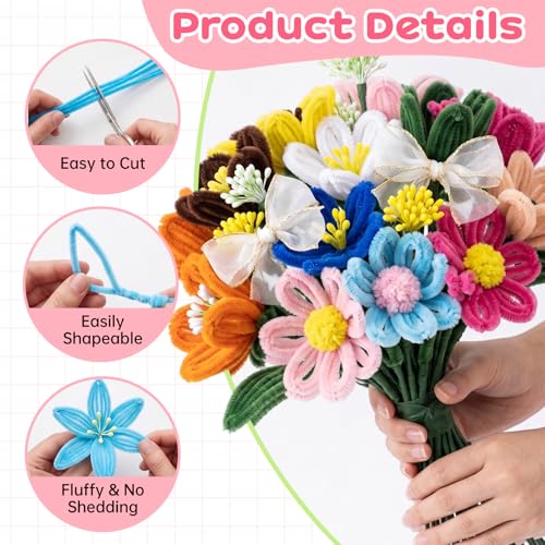 Roneenz 900 Pcs Pipe Cleaners Craft - Pipe Cleaners Flowers Kit with Handle, 9 Colors Chenille Stems Bulk for DIY Flower Making, Art and Craft Supplies by Roneenz - Image 3