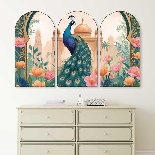 Image of Livin'luxe Peacock Wall Art | Set of 3 MDF Panel Paintings | Floral Mughal Palace Theme Decorative Wall Hanging for Living Room, Bedroom & Home Decor