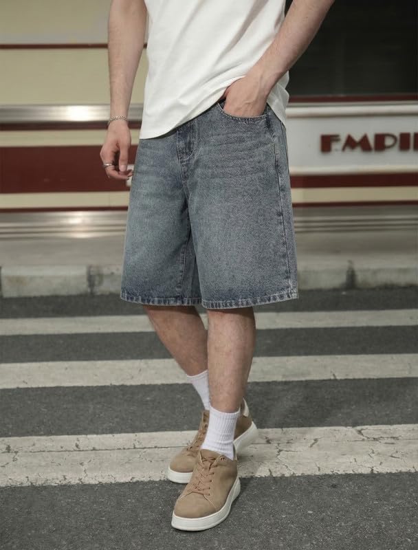 LOGEQI Men's Baggy Jean Shorts Y2K Jorts Vintage Wide Leg Denim Shorts Loose Fit Skater Streetwear Knee Length Casual Pants