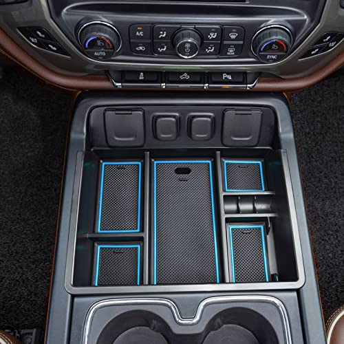 Center Console Organizer Tray Compatible with Chevy Silverado/GMC Sierra 1500/2500/3500HD 2014-2018,15-19 Silverado/Sierra 2500HD/3500HD Accessories Compartment,Full Console w/Bucket Seats ONLY,Blue