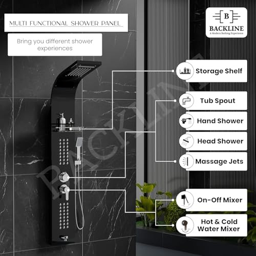 Image of Backline SS304 6 In 1 Shower Panels for Bathroom /Dual Flow Overhead Waterfall & Rainfall Shower /Hand Shower /Hot & Cold Water Mixer /Built-in Shelf for Shampoo Storage /Shower Panel (Black Glossy)