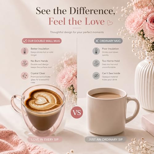 Image of AXEON Heart-Shape Glass Coffee Mug - 250ml | Double Wall & Borosilicate Glass | Heat Resistant & Transparent Cup for Coffee, Tea, Latte, Cappuccino & Espresso | Hot & Cold Beverages