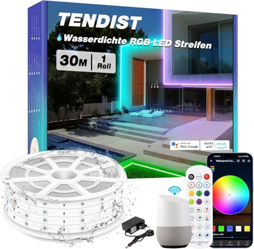 TENDIST LED Strip Outdoor, IP67 LED Streifen Aussenbereich RGB LED Strip Alexa Kompatibel, 24V LED Band Aussenbereich Wasserdicht für Balkon, Festiva, Terassenbeleuchtungen Aussen (30M)