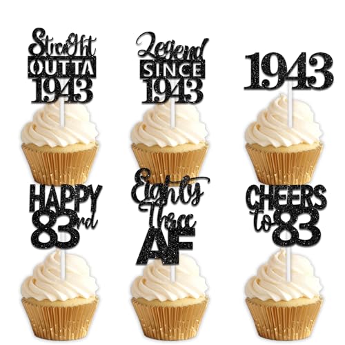 18pcs pics à cupcake pailletés noirs Légende depuis 1942 83e anniversaire